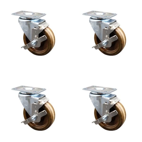 Service Caster 4'' High Temp Phenolic Wheel Swivel Top Plate Caster Set with Brake, 4PK SCC-20S415-PHRHT-TP2-TLB-4 - main